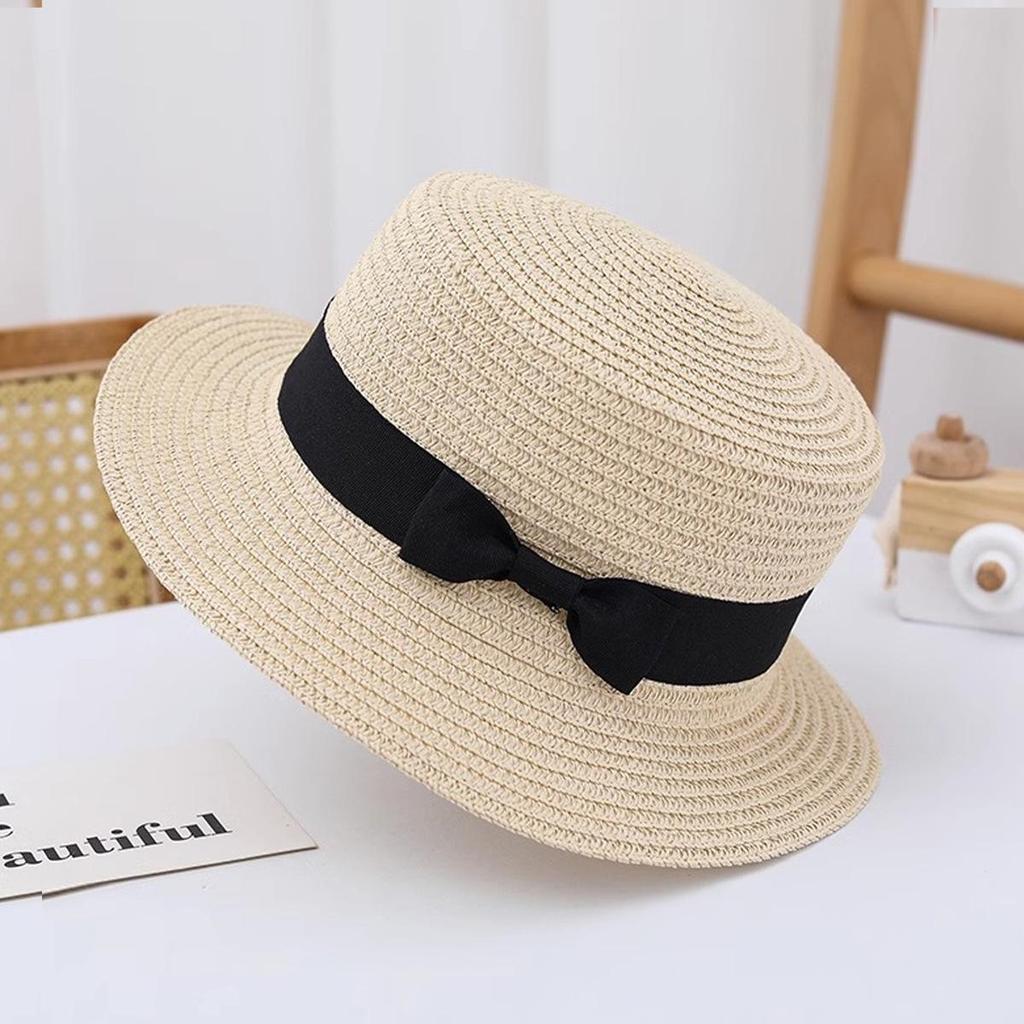Women's French Summer Straw Hat, Large Brim, Ribbon, Flat Top, Outdoor Travel Sun Protection