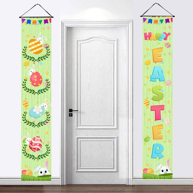 Happy Easter Porch Sign Banner Indoor Door Banner Easter Bunny Eggs Front Door Banner Easter Bunny Decoration For Indoor And