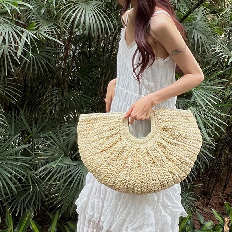 Woven Straw Bag Moon Large Capacity Purse and Handbag For Women Beach Basket Bags Fashion Travel Shoulder Shopper Totes