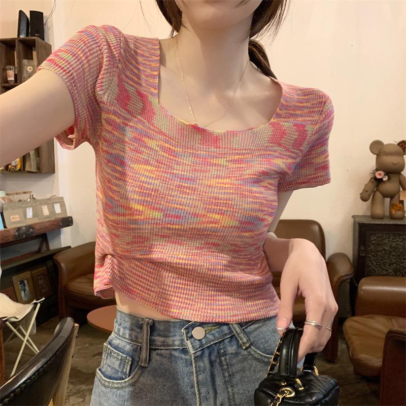 Women Summer Casual Short Sleeve Colorful Knitted Bare Midriff T Shirt Crop Top