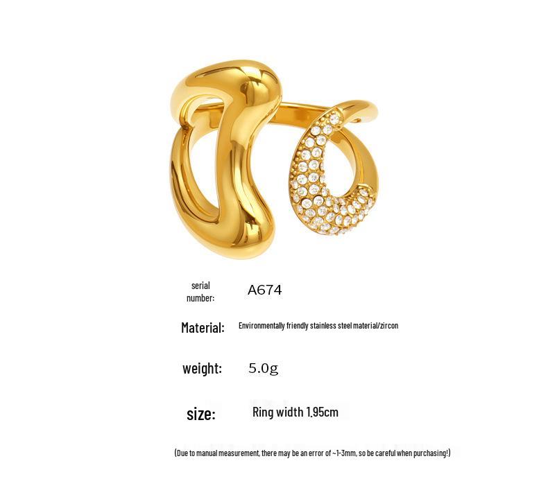 18k Gold-Plated Zirconia Inlaid Stainless Steel Open Ring Set - Modern Fashion Jewelry