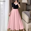 Women Casual Square Collar Summer Short Sleeve Patchwork Long Dress