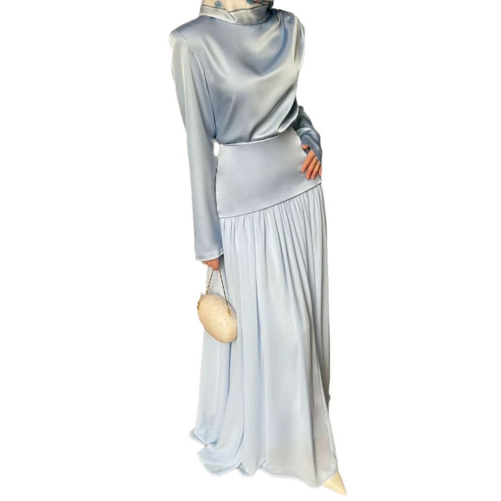 Cross-border European and American Women's Clothing Light Blue Solid Color Boat Collar Long-sleeved Waist Top Casual Pleated Skirt Set