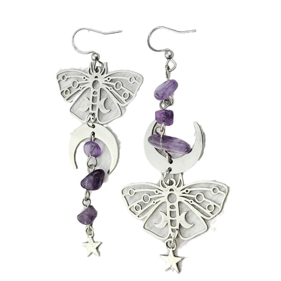 Amethyst Silver Moon Shape Earring With Asymmetric Design For Women Fashion Jewelry