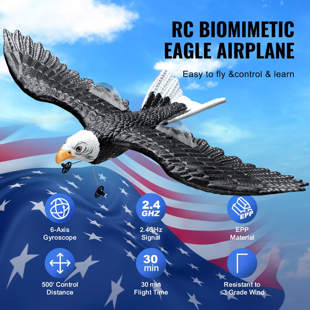 SucceBuy RC Plane Wingspan Eagle Aircraft Fighter 2.4G 2CH with 2 Batteries 6-Axis Glider Airplane Foam Boys Toys for Children
