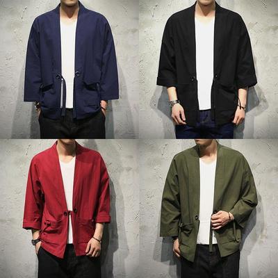Men's Retro Chinese-Kimono Style 7-Sleeve Cardigan Dao Robe Plus Size Hanfu Tang Coat