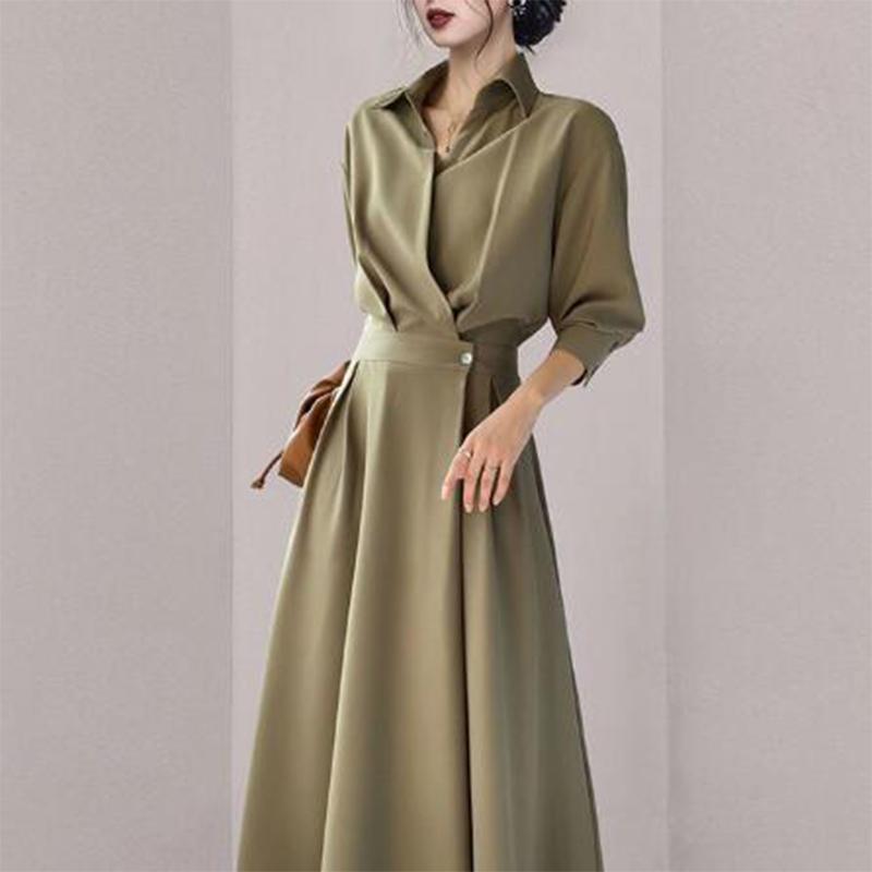 

Летние новые элегантные модные однотонные простые длинные платья с высокой талией для женщин с воротником-поло, стильные универсальные платья Vestidos De Fiesta L синий