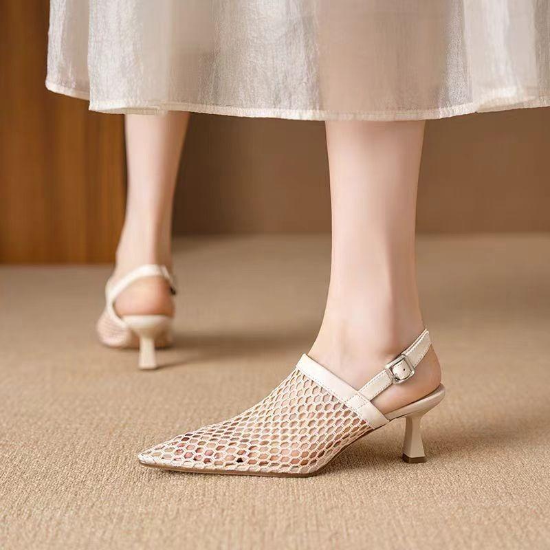 Fashion Hollow Breathable Mesh Pointed Toe Stiletto High Heels Women Pumps 2025 New Summer Slingback Sandals Dress Woman Shoes