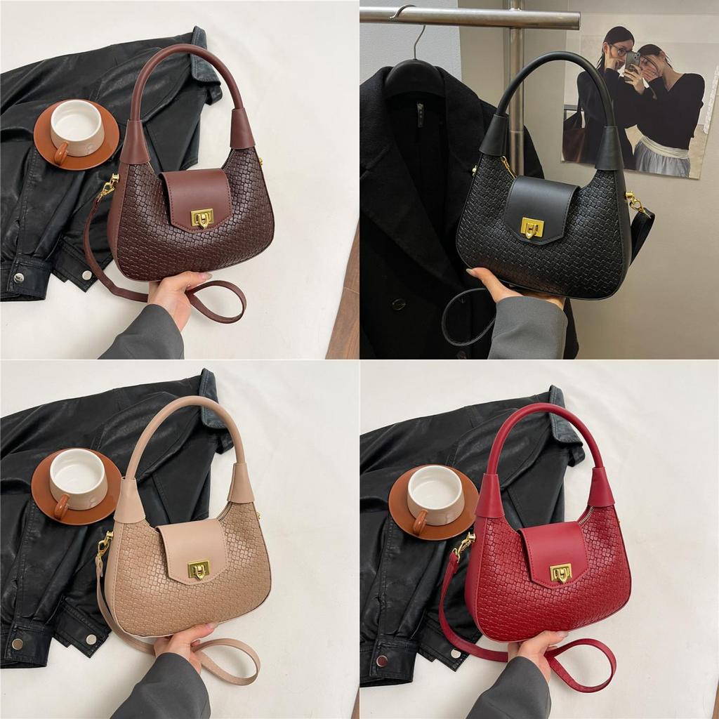 Pu Small Crescent Bag With Woven Texture For Daily Use