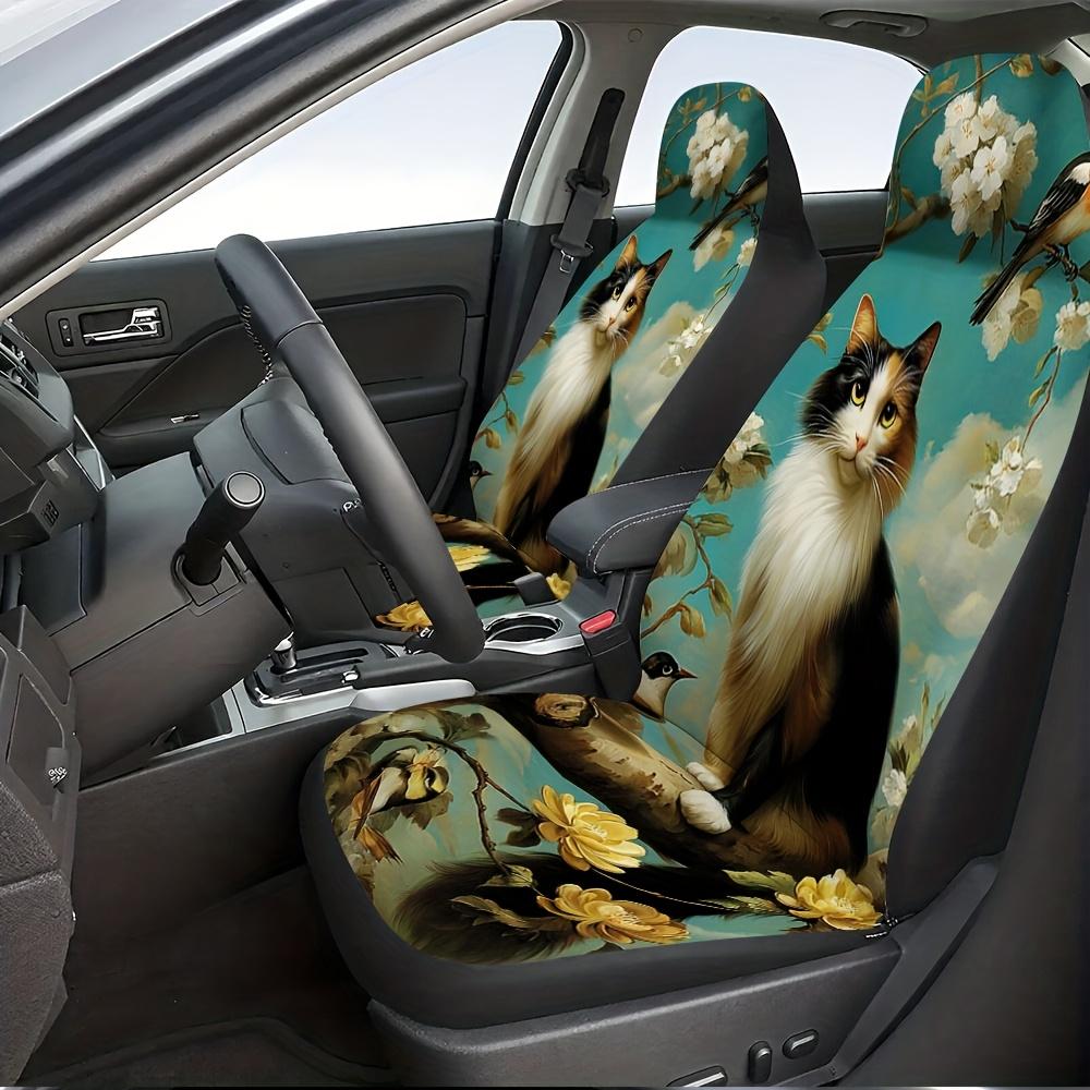 2pcs Vintage Cat & Bird Floral Car Seat Covers - Soft, Easy To Clean, Perfect Fit For Single Front Seats, Ideal For Car Enthusia
