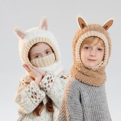 Children's Hat Cartoon Scarf Integrated Knitted Hat Winter Outdoor Plush Warm Ear Protective Cap