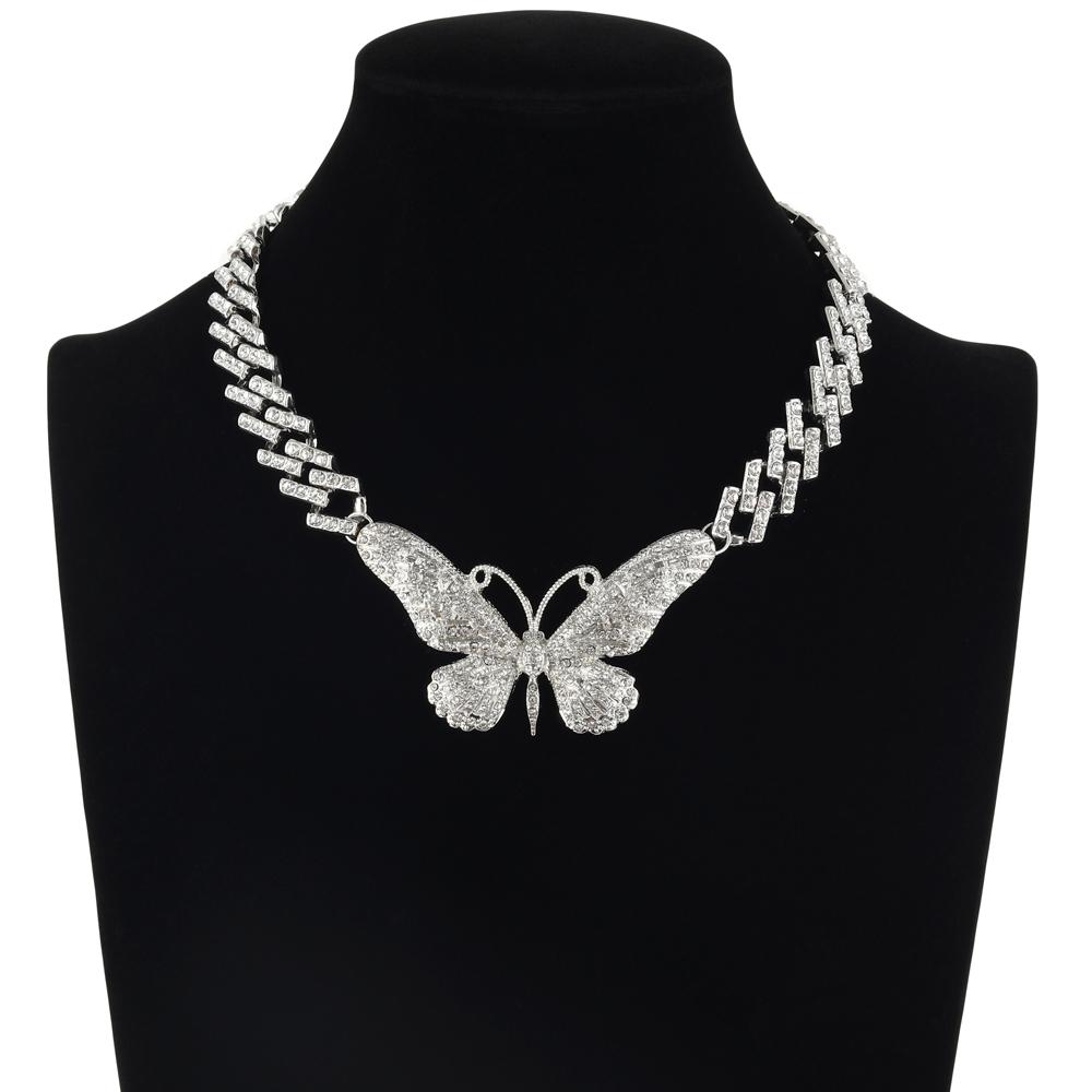 Thick Cuban Link Chain Big Butterfly Necklace For Women Rhinestone Choker Girls Jewelry