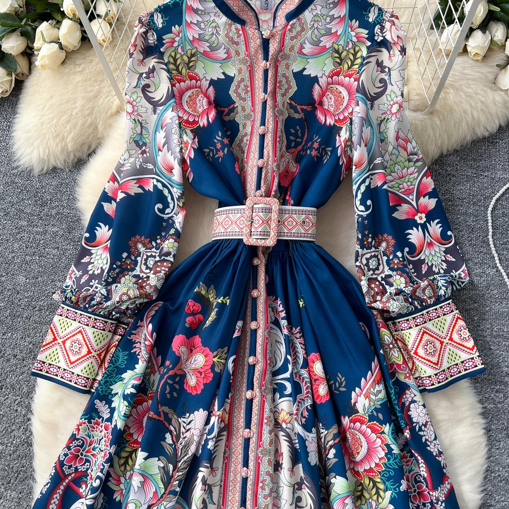 Frühling Herbst Damen Designer Runway Kleid Stehkragen Vintage Print Einreiher Urlaub Party Kleider mit Gürtel