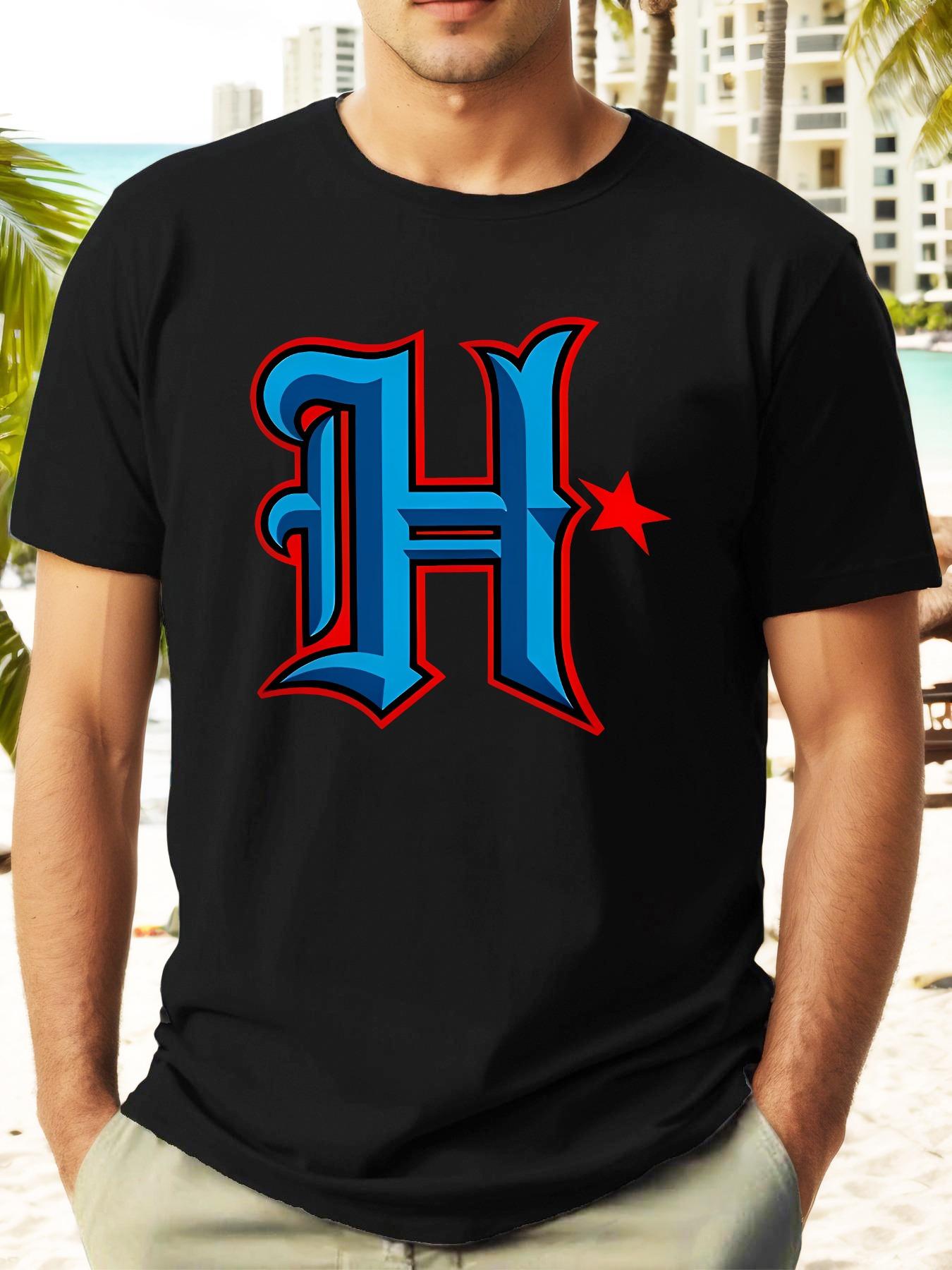 

Red-Striped Letter H Graphic T-shirt - Casual Summer Short Sleeve Crewneck L