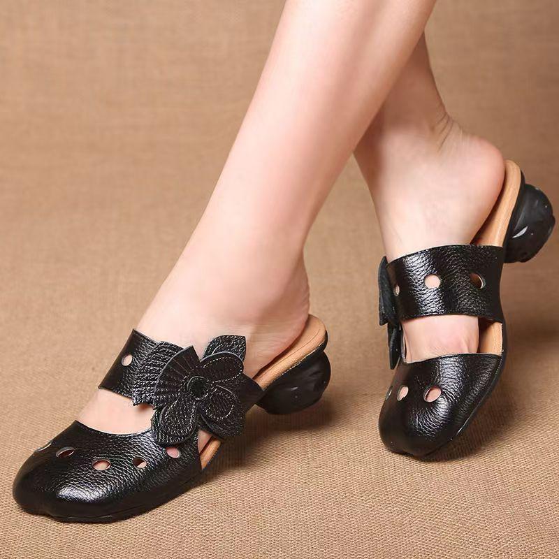Women's Summer Leather Hollow Out Baotou Slippers Soft Sole Block Heel Ethnic Style Three-Dimensional Flower Outdoor Slippers