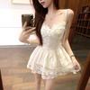 Summer Pure Desire Wind Fairy Small White Dress Korean Waist Design Splicing Lace Off the Shoulder Sleeveless Skirt Tide