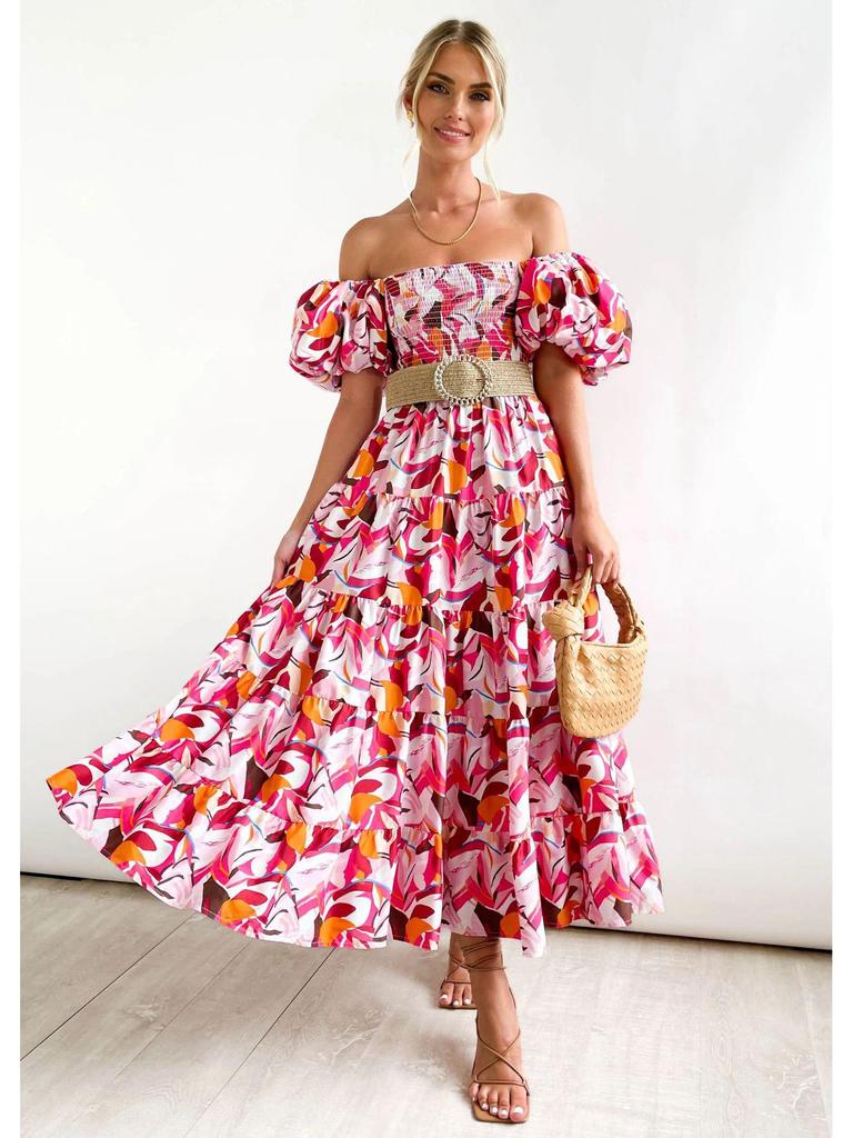 2024 Sommer Einseitiges Puffärmel Slim Langes Kleid