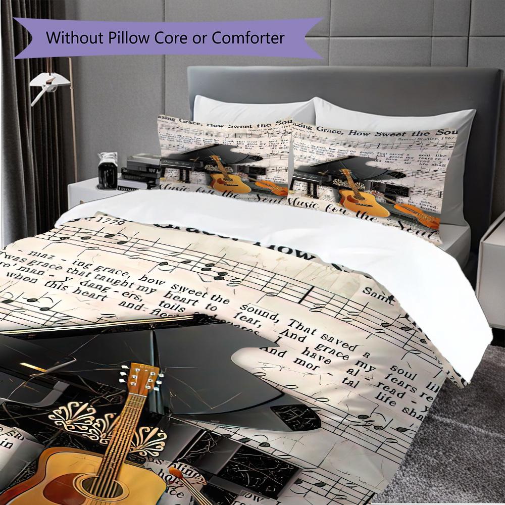 1PC Music, Guitar Theme Bedding Quilt Set Quilt Cover Pillowcase Home Decoration Birthday Gift (1 * Duvet Cover + 2* Pillowcase, Without Core)