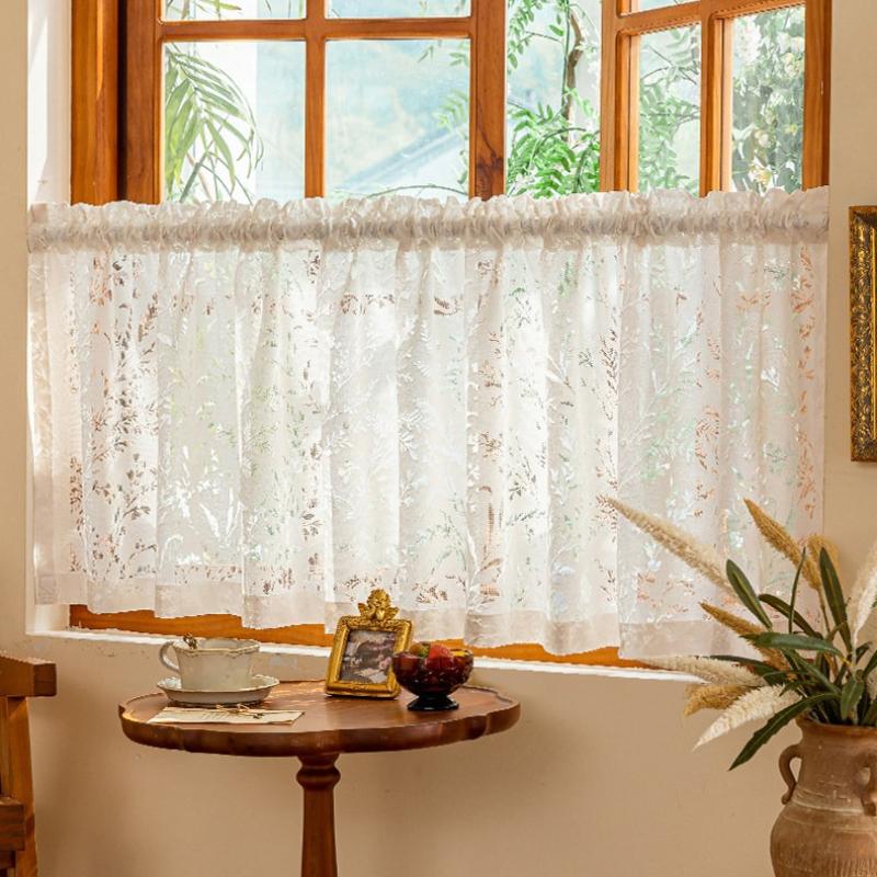 Sweet Style White Lace Window Edge Short Curtain, Pole Bag Style, Transparent Short Curtain French Style Cotton Light-transmitting Fabric Rodless