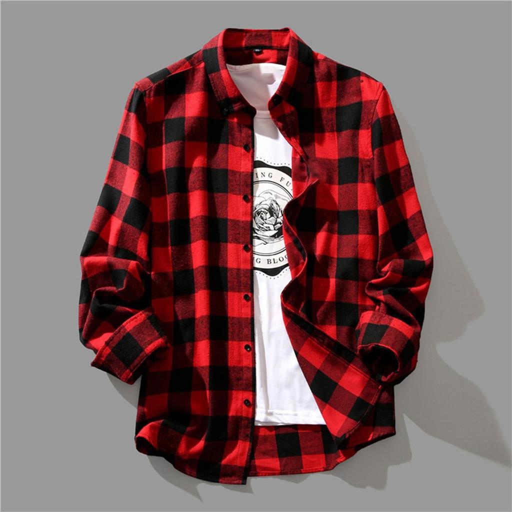 Men's Blouses Lapel Shirt Long Sleeve Plaid T-shirts  Loose Shirt With A Coat Button Down Casual Shirts Plus Size Fashion Tops