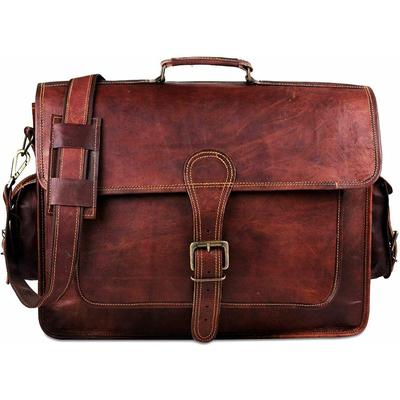 New Laptop Bag Men Real Goat Leather Vintage Brown Messenger Shoulder Briefcase