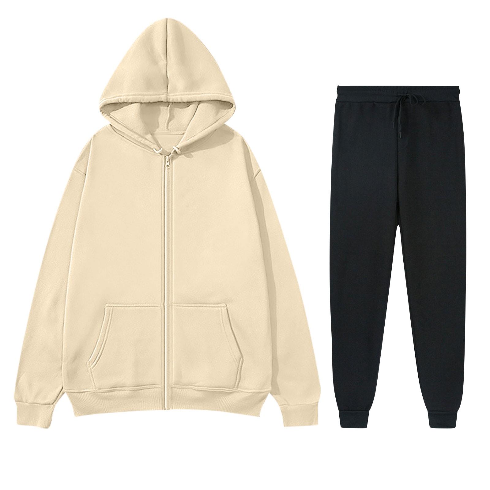 

Женский модный повседневный однотонный спортивный комплект Fashion Hugh, кардиган с капюшоном, толстовка + спортивные штаны L бежевый