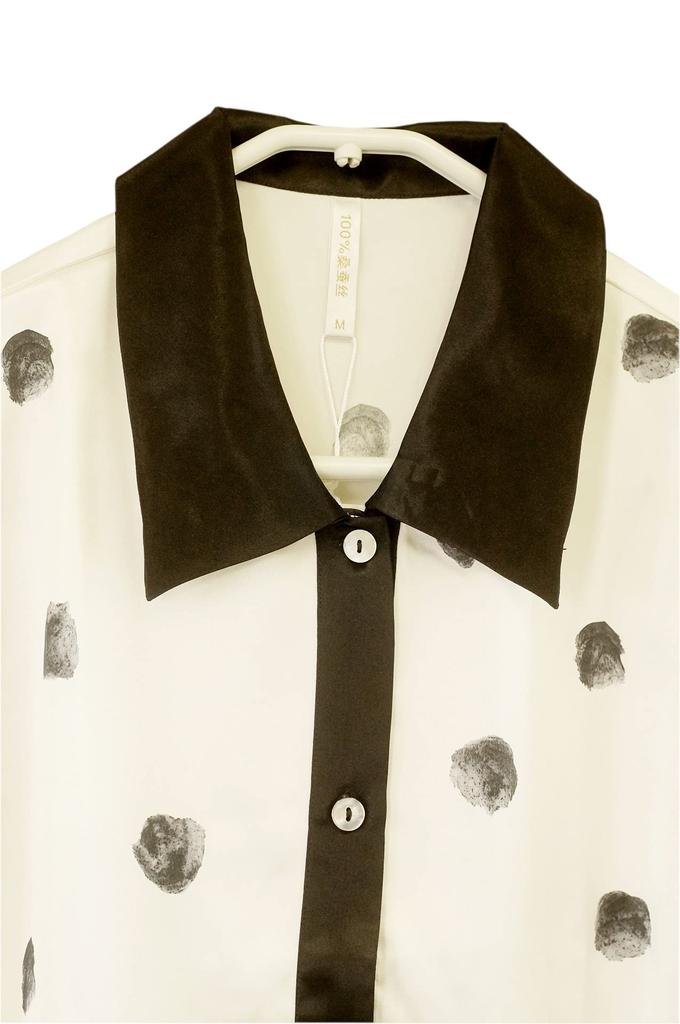 Silk Pajamas Retro Shirt White Black Dot Flower Long Sleeve Top and Bottom Set [SMR] Women's (L)