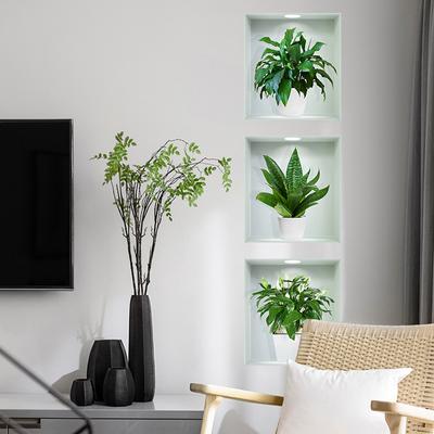 Carta da Parati Tridimensionale 3D con Piante Verdi in Vaso Trittico Soggiorno Ingresso Divano Sfondo Adesivi Murali Decorativi