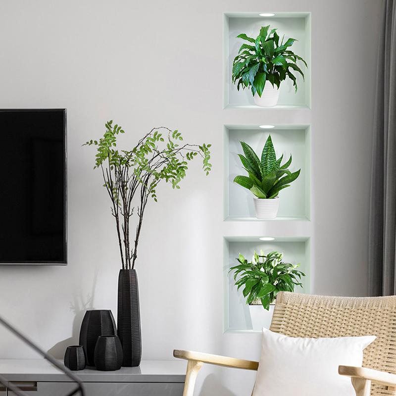 3D Three-Dimensional Potted Green Plant Wallpaper Triptych Living Room Porch Sofa Background Decorative Wall Stickers