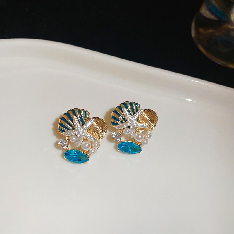 New blue flower fringed earrings, fresh niche design studs, women's summer vacation earrings
