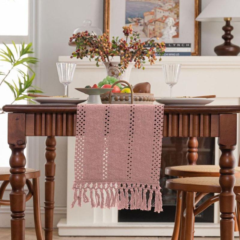 Simple Long Tassel Solid Color Table Runner Woven Dining Table Decoration for Wedding Party Soft Reusable Easy-Care Placemat