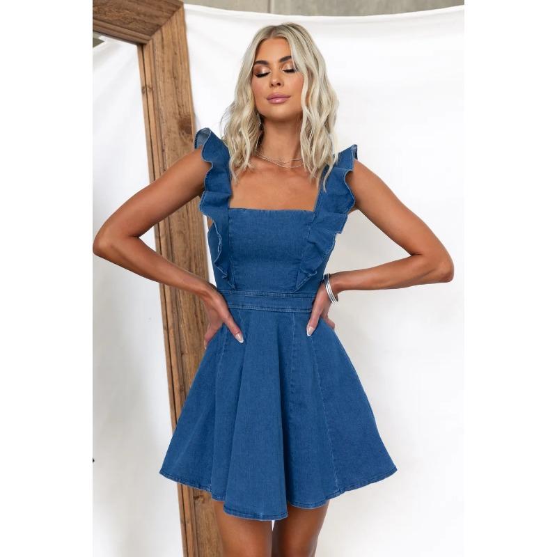 VEZFAA Women's Fashion Summer Spring Solid Color Print Sleeveless Suspenders High Waist Casual Dresses