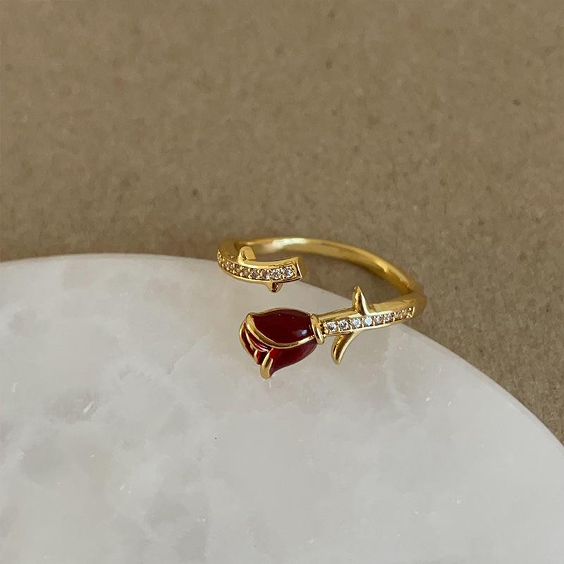 Ankara Red Dripping Oil Flower Opening Ring Female Niche Retro Light Luxury Elegant Fashion Versatile Ring Ring