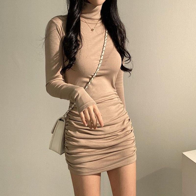 Sexy High Waist Bandage Dresses for Women Thicken Slim Elastic Turtleneck Dress Woman Solid Color Long Sleeve Inner Wear Dresses