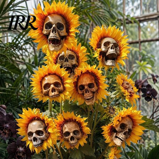 Fun Halloween Garden Accessory Sunflower Skull Ornament, Theme Decor, Potted Outdoor Spooky Planter Plant Waterproof Decoration, for Lawn