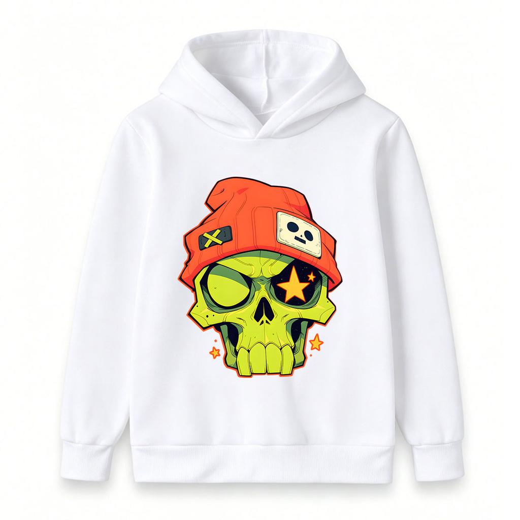 Kids Boys Girls Cozy Pullover Hoodie, Cool Cartoon Green Skull With Orange Beanie Star Graphic Casual Long Sleeve Hooded Sweatshirt For Streetwear