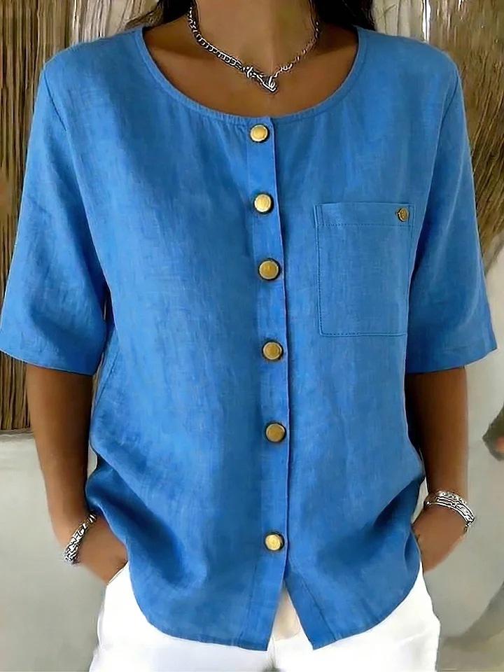 Women Fashion Round Neck Metal Button Five Quarter Sleeve Casual Solid Shirt S синий