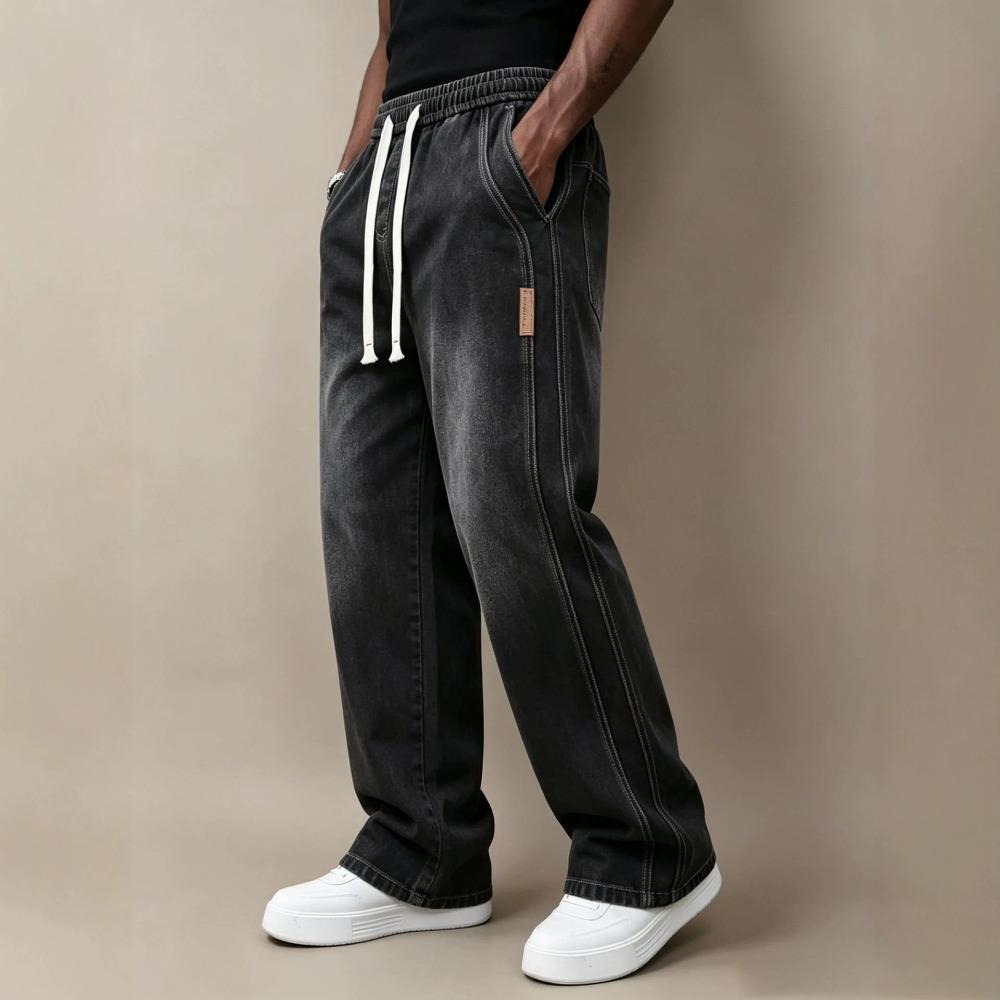 Herren Jeans mit geradem Bein, elastischem Bund mit Kordelzug, lockerer Passform und Used-Look