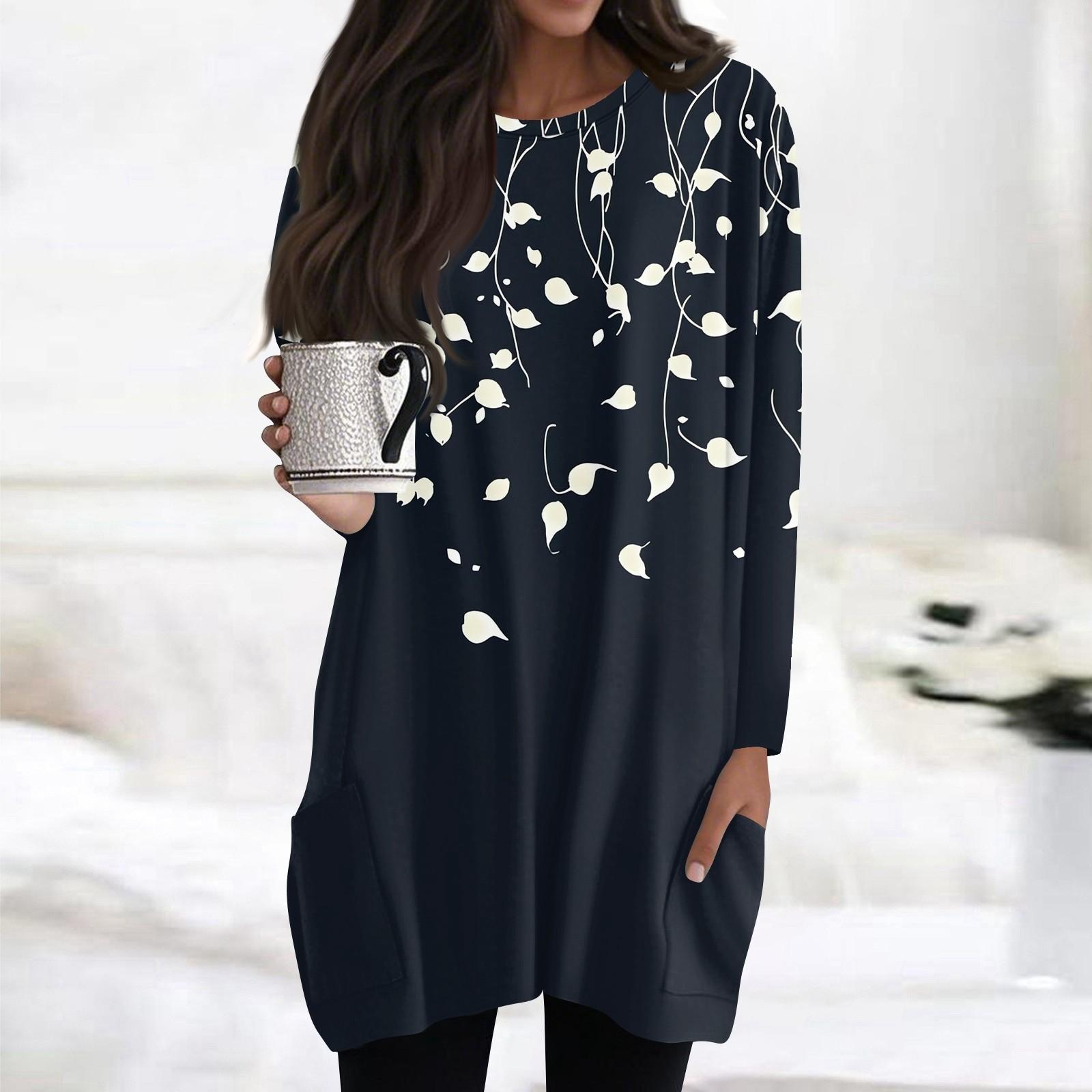 

Жіночі топи з круглим вирізом, блузки з довгим рукавом, повсякденні сорочки середньої довжини, модні туніки з принтом та кишенями XXL Темно-синій