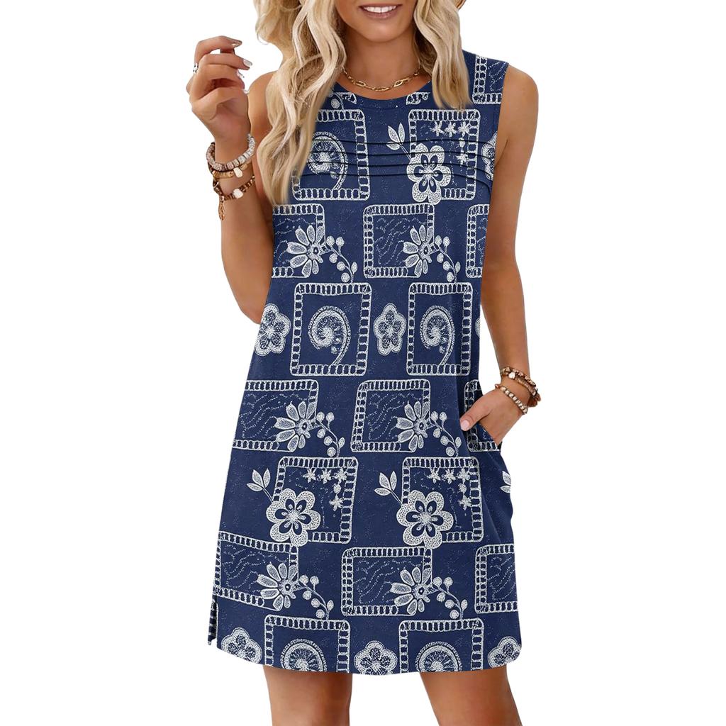 Sleeveless Floral Print Dress with Crew Neck and Pleated Front Casual Loose Fit Summer Dress for Women