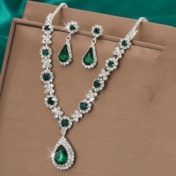 Set Earrings Necklace Wedding Silver Elegant Emerald Zircons B23