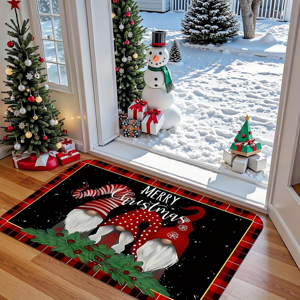 1pc Christmas‑Gnome‑Holly‑Berry Print Welcome Doormat, Washable Indoor Floor Mat for Bathroom, Living Room, Bedroom, Kitchen
