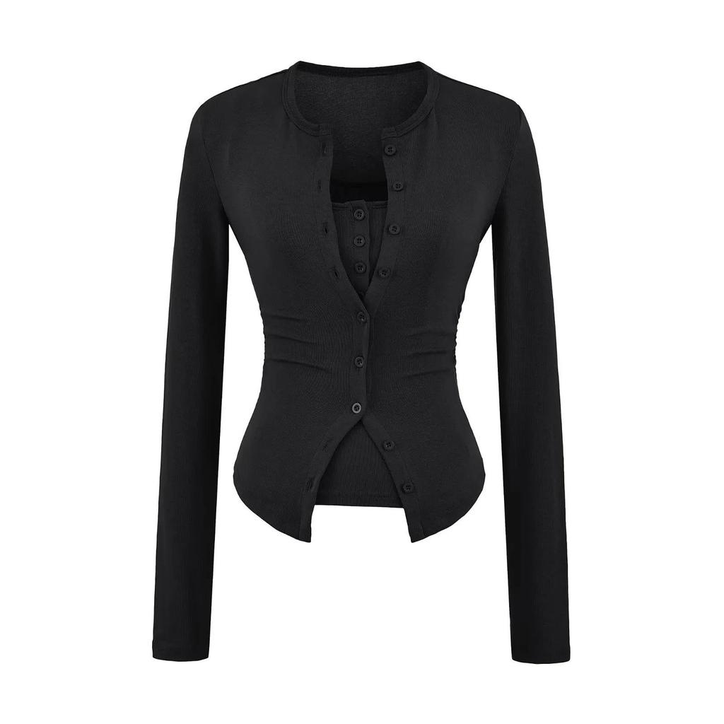 American Style Women's Waist-Cinched Button-Down Cardigan Vest and T-Shirt Two-Piece Set