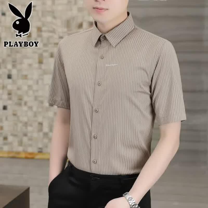 Playboy Men s Summer Striped Ice Silk Short-Sleeve Shirt 2XL