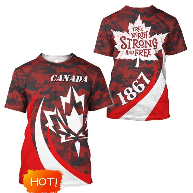 Canada Thema Korte Mouw T-shirt, Esdoornblad Print, True North Strong Free, Casual Kleding