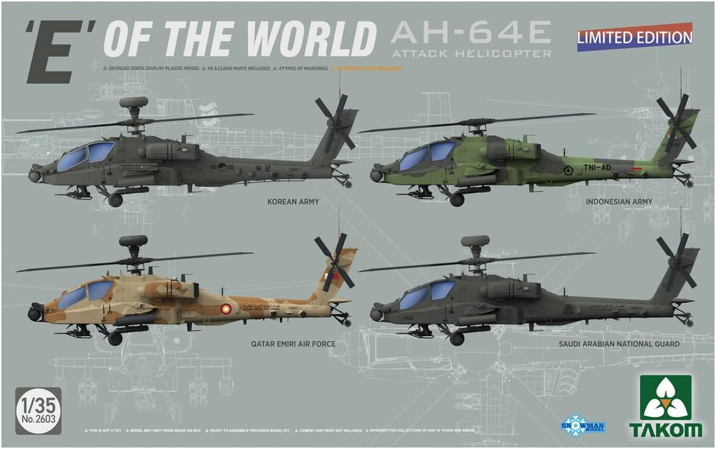Takom 1/35 Scale South Korean Army AH-64E World's E Attack Helicopter Limited Edition Plastic Model Kit TKO2603