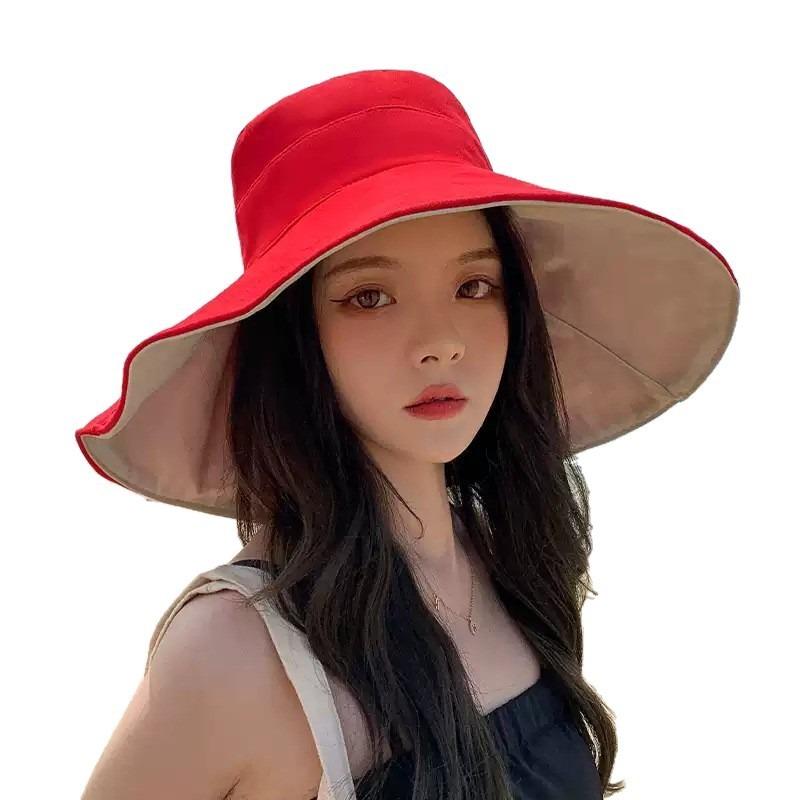 Women's large brim bucket hat UV protection face cover sun hat fashion sunshade basin hat embroidery