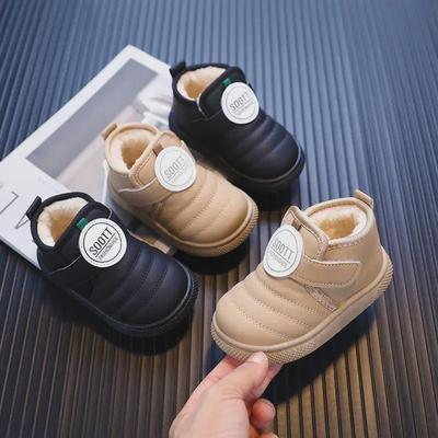 Boys' Winter Velvet-Lined Waterproof Leather Snow Boots with Soft Soles