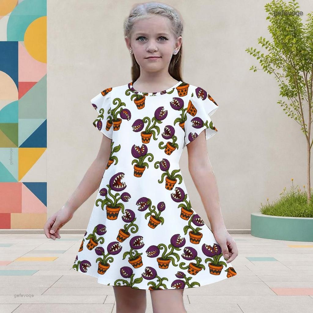 Girls White Halloween Printed Dress Round Neck Flutter Sleeve A Line Flared Dress