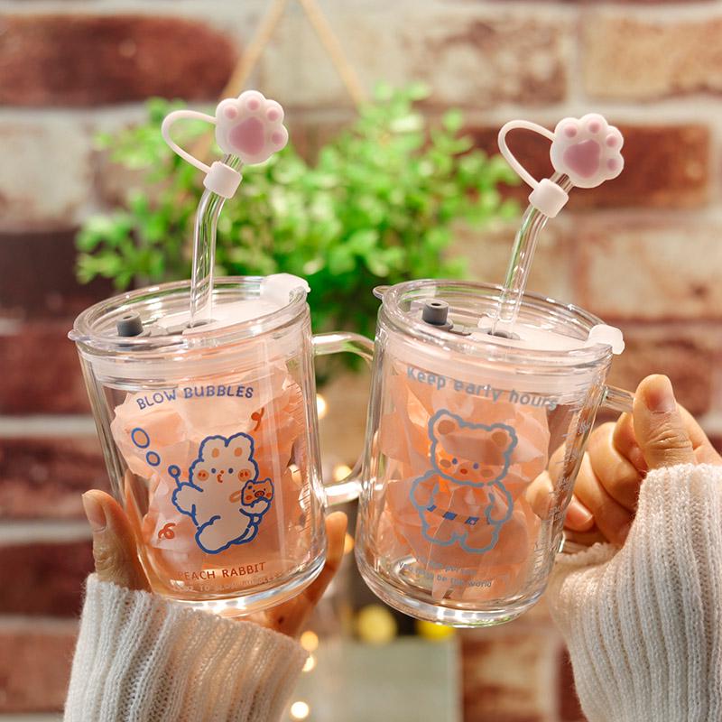 Children's Heat-Resistant Cute Cartoon Straw Glass Cup with Handle and Measurement Scale